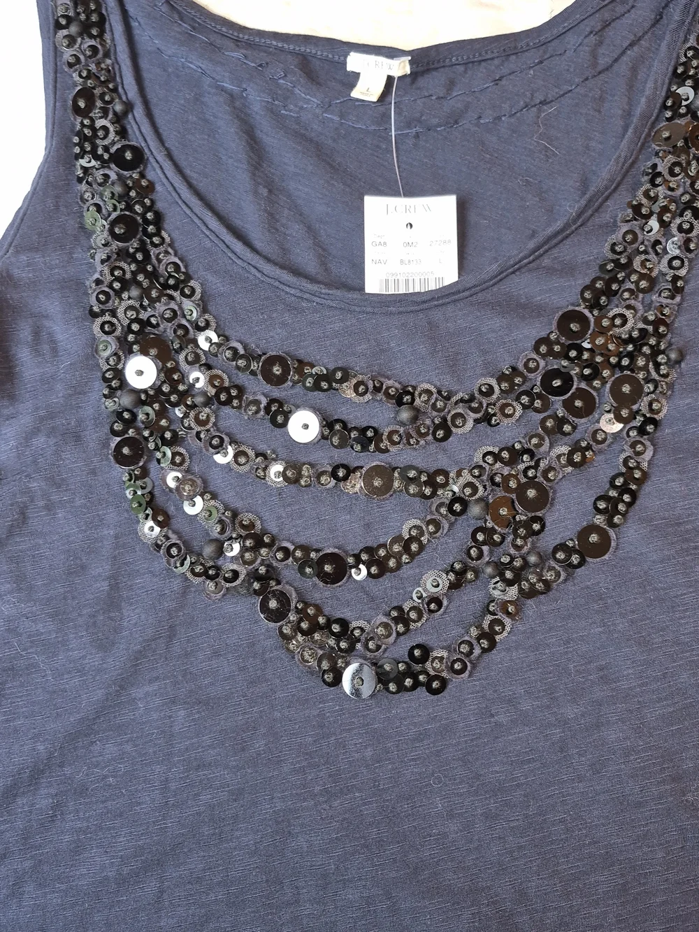 J. Crew Navy Top with Black Sequin Multi-Strand Necklace Detail